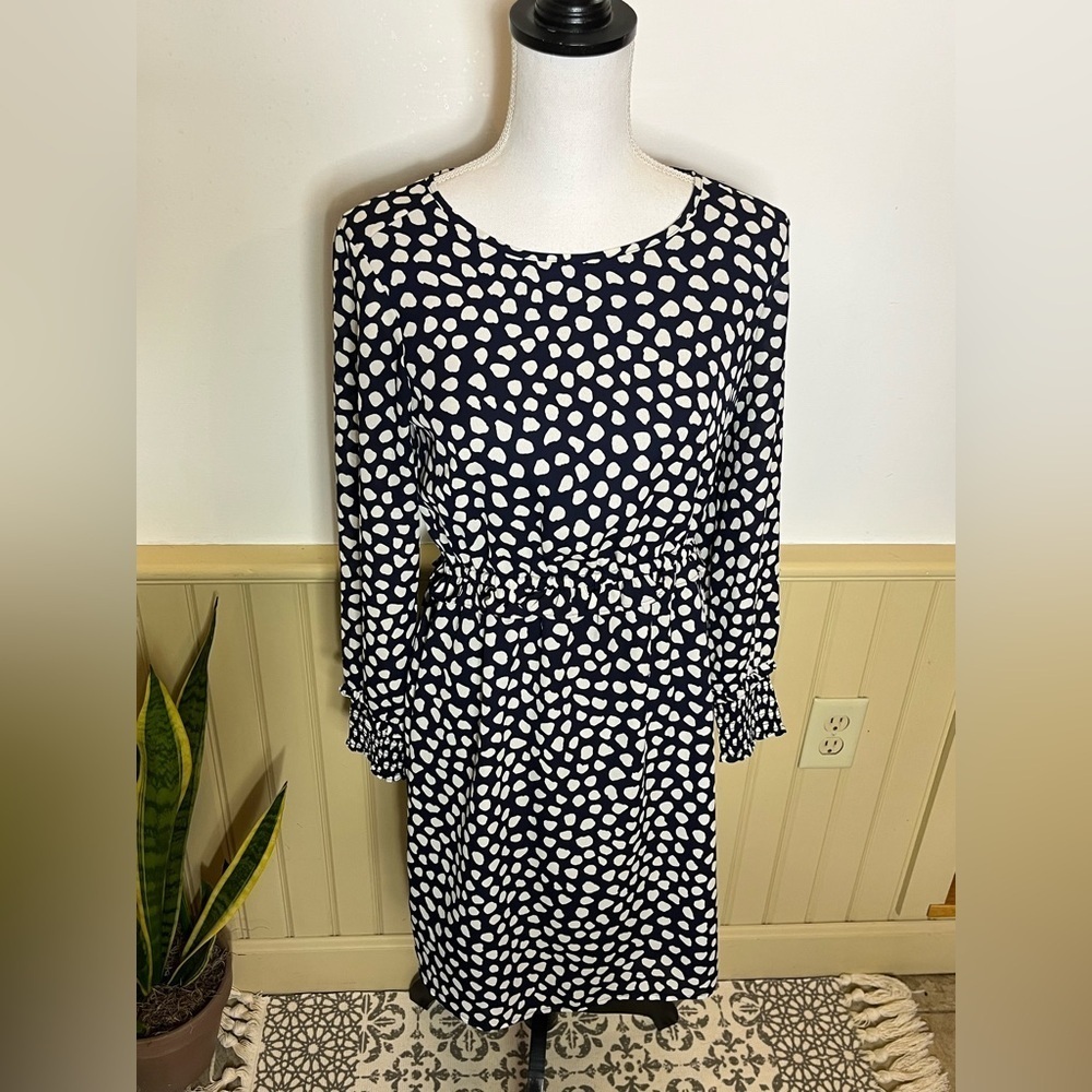 J. Crew Dress Midi Navy Spotted Long Sleeve Chiffon Sundress Party Women’s Sz 2